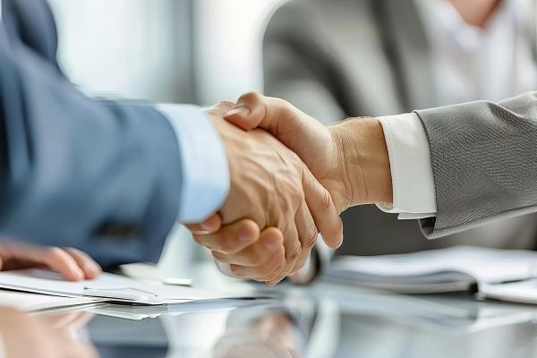 Two people in suits shaking hands on a deal over a glass table