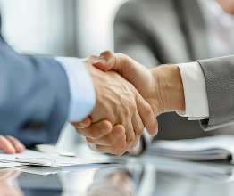 Two people in suits shaking hands on a deal over a glass table