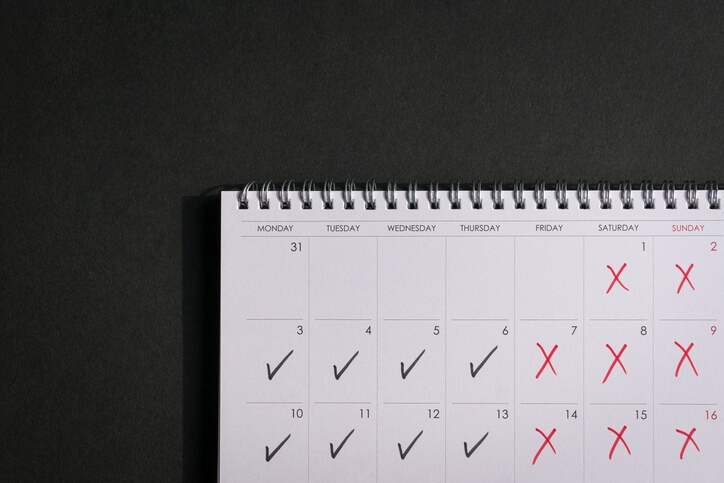 Calendar showing four day work week